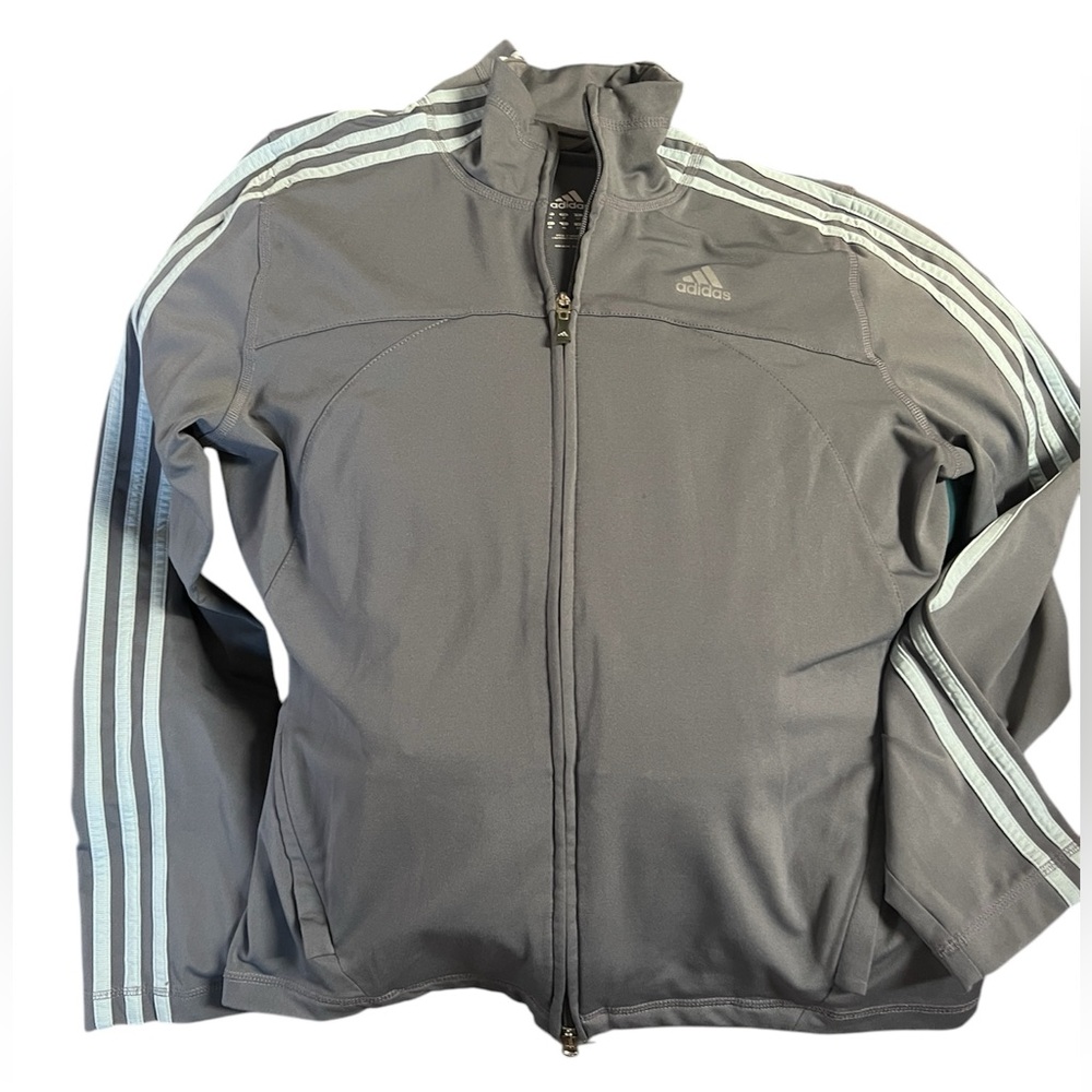 Adidas Clima365 Full Zip Track Jacket Gray with Blue Stripes Women's Size Medium